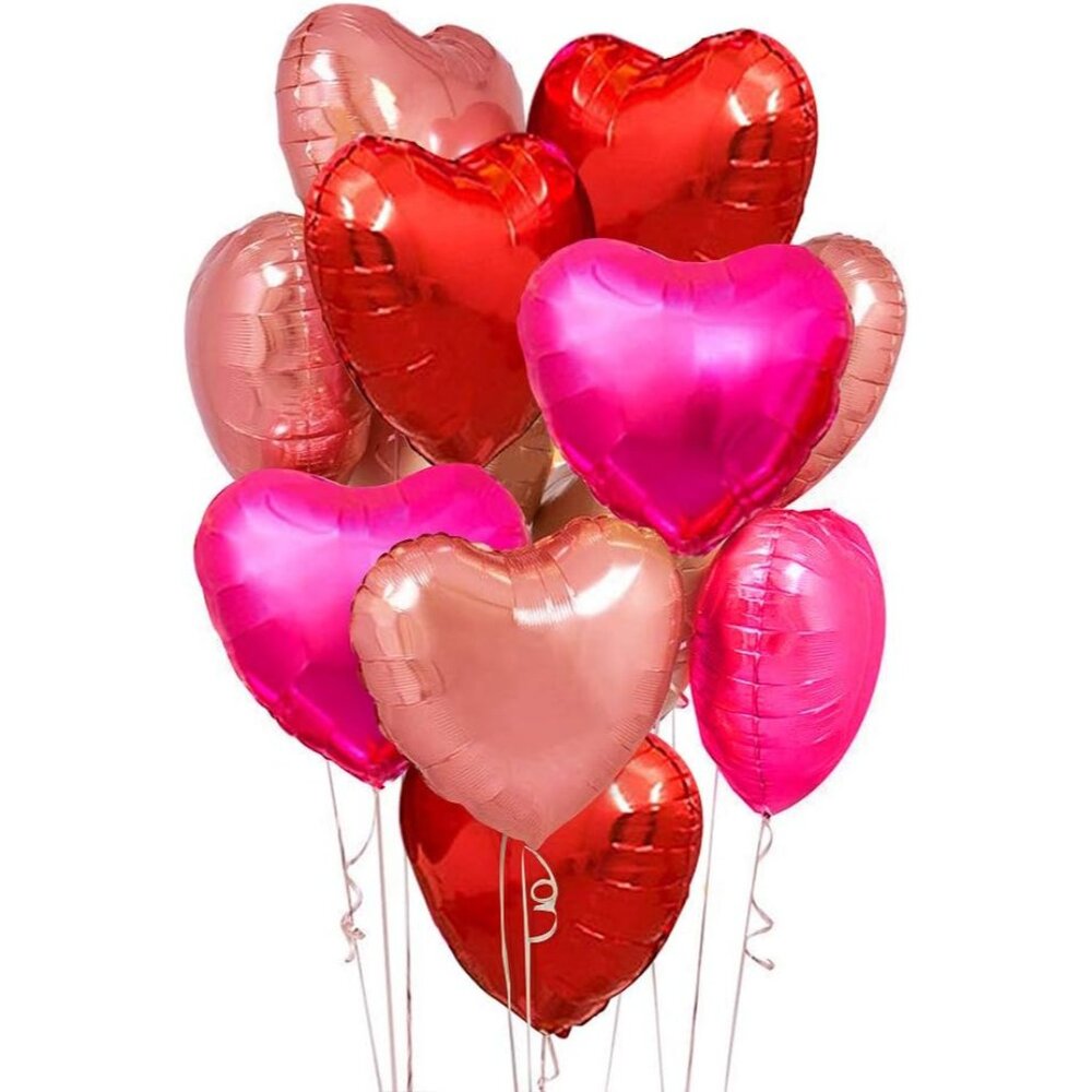 Upgraded Rose Gold and Red Balloons - Pack of 15 - Heart Shaped Foil Balloons fo